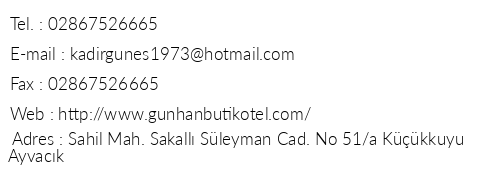 Gnhan Butik Otel telefon numaralar, faks, e-mail, posta adresi ve iletiim bilgileri